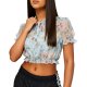 Light Blue Floral Print Tie-Neck Ruffled Cropped Blouse