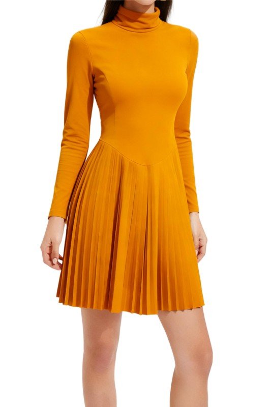 Mustard Yellow Turtleneck Long-Sleeve Pleated Dress