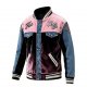 Pink & Black Velvet-Denim Baseball Jacket with Letter Embroidery