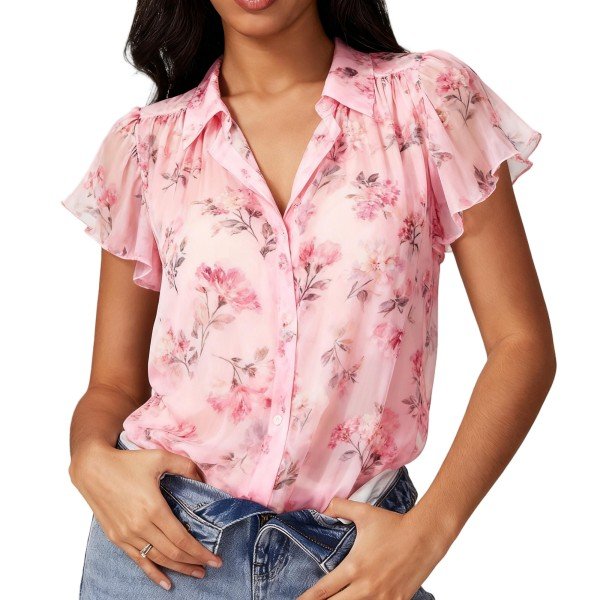 Pink Floral Print Short-Sleeve Button-Down Blouse
