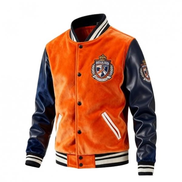 Orange & Navy Blue Corduroy Baseball Jacket with Crest Embroidery