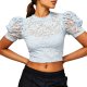 Light Blue Lace Puff Sleeve Cropped Blouse
