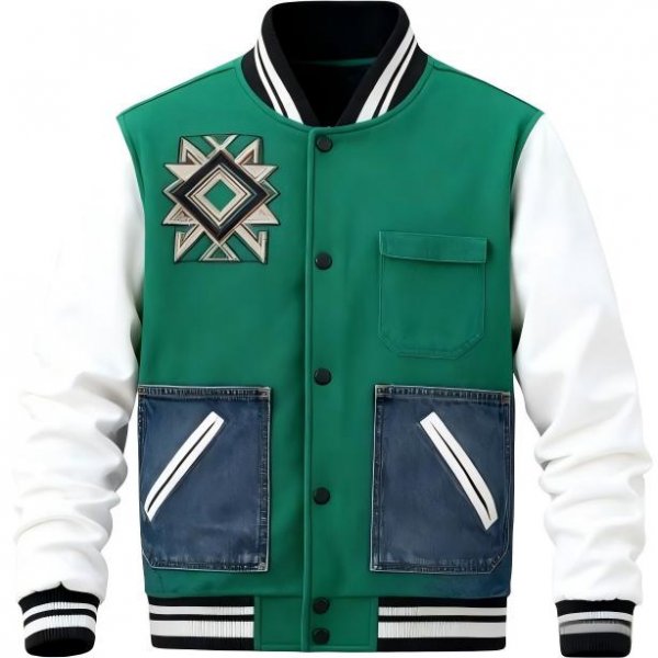 Green & White Baseball Jacket with Denim Pocket & Geometric Embroidery