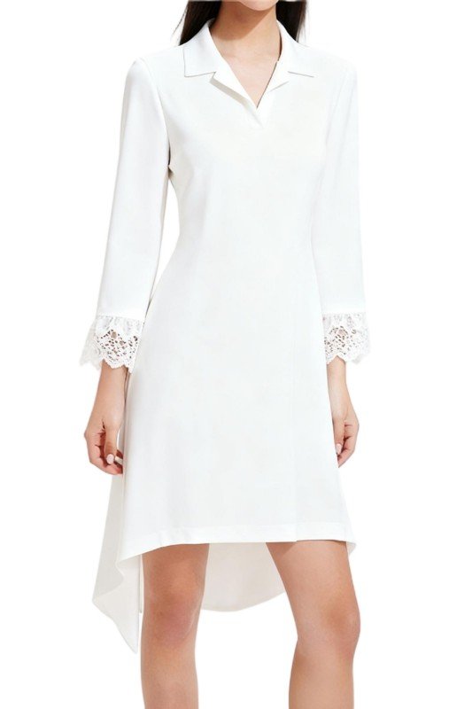 White Collared Dress with Lace Cuffs and Asymmetrical Hem