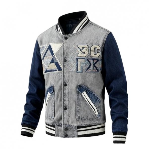 Distressed Denim Baseball Jacket with Geometric & "BC FX" Embroidery