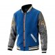 Blue Corduroy & Gray Faux Leather Baseball Jacket with Leopard Embroidery